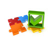 Illustration: Colorful puzzles and green tick mark. Colorful puzzles and green tick mark.