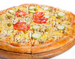 Vegetable pizza made from bio cheese, tomato, olive, mushroom, p