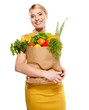 woman holding a bag full of healthy food. shopping .