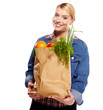 woman holding a bag full of healthy food. shopping .