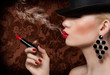 canvas print picture - Beautiful blonde girl with cigarette and red lips