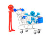 Red smiling man and his son in the cart