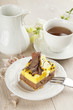beautiful pastry, little colorful sweet cakes with tea