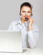 Customer service girl working isolated on grey background