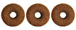 Three dark brown doughnuts in a row