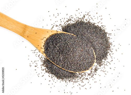 Photo: Heaped spoonful of poppy seeds on white background Heaped spoonful of poppy seeds on white background