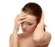 Young woman with head pain on white background