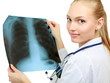 Female doctor examining an x-ray isolated on white background.
