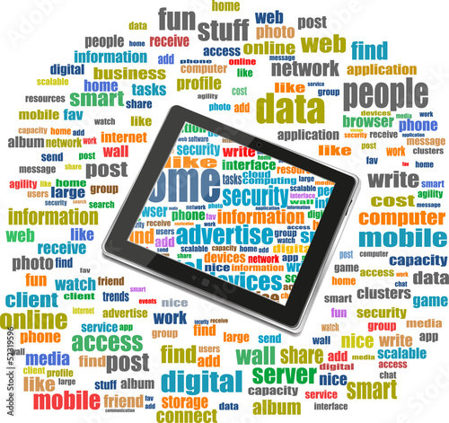 Photo: tablet pc in social media words, global computer networks tablet pc in social media words, global computer networks