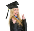 Smiling young woman in graduation gown pointing in camera