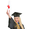 Happy woman in graduation gown with diploma rejoicing success