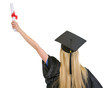 Woman in graduation gown with diploma rejoicing success 