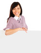 Young woman with blank board banner