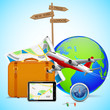 vector illustration of luggage and flying airplane around globe