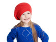 little girl in a red cap smiles, isolation on white