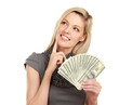 Photo: A young woman with dollars in her hands A young woman with dollars in her hands