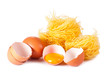 Several eggs and pasta on a white