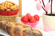 Easter sweet bread with red eggs and shortbread cookies