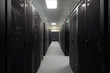 Telecommunications equipment in black racks in server room.
