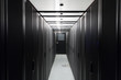 Symmetrically telecommunication racks in sealed corridor.