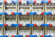 Many batteries in backup power system, close-up.