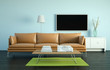 Foto: Wohndesign - braunes Ledersofa vor Fernsehwand Wohndesign - braunes Ledersofa vor Fernsehwand