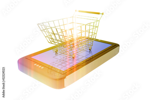 Illustration: Shopping cart and digital device Shopping cart and digital device