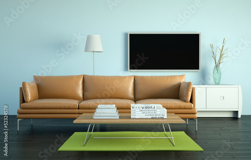 Photo: Wohndesign - braunes Ledersofa vor Fernsehwand Wohndesign - braunes Ledersofa vor Fernsehwand