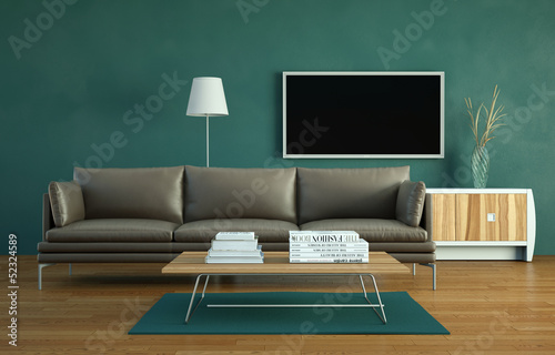 Illustration: Wohndesign - Ledersofa vor Fernsehwand Wohndesign - Ledersofa vor Fernsehwand