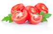 Fresh Juicy tomato with green leaves Isolated on a white backgro