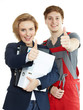 Apprentices for car mechanic and office show thumbs up