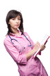 doctor woman writing in folder and stethoscope