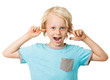 Photo: A cute cheeky young sticking his fingers in his ears. A cute cheeky young sticking his fingers in his ears.