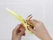 A woman squeezing steamed crab claw by kitchen scissors