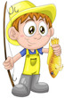 Boy child fisherman fish character cartoon style vector