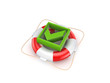 Green tick mark on lifebuoy.