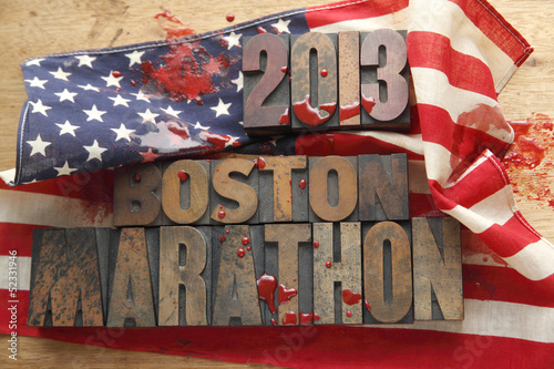 Photo: bloody American flag with Boston Marathon words bloody American flag with Boston Marathon words