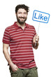 Young man holding a social media sign smiling