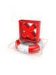 Red cross mark on lifebuoy.