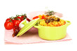 Delicious pilaf with vegetables isolated on white