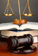 Wooden gavel, golden scales of justice  and books