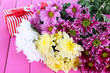 Bouquet of beautiful chrysanthemums on table close-up