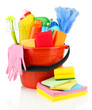 Cleaning items in bucket isolated on white