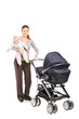 Foto: Full length portrait of a young mother with a baby and a pushcha Full length portrait of a young mother with a baby and a pushcha