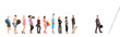 Full length portraits of  people waiting in a line and a busines