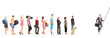 Full length portraits of people waiting in a line and a business