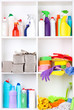 Shelves in pantry with  cleaners for home close-up