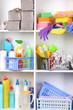 Shelves in pantry with  cleaners for home close-up