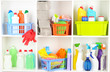 Shelves in pantry with cleaners for home close-up
