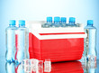 Traveling refrigerator with bottles of water and ice cubes,